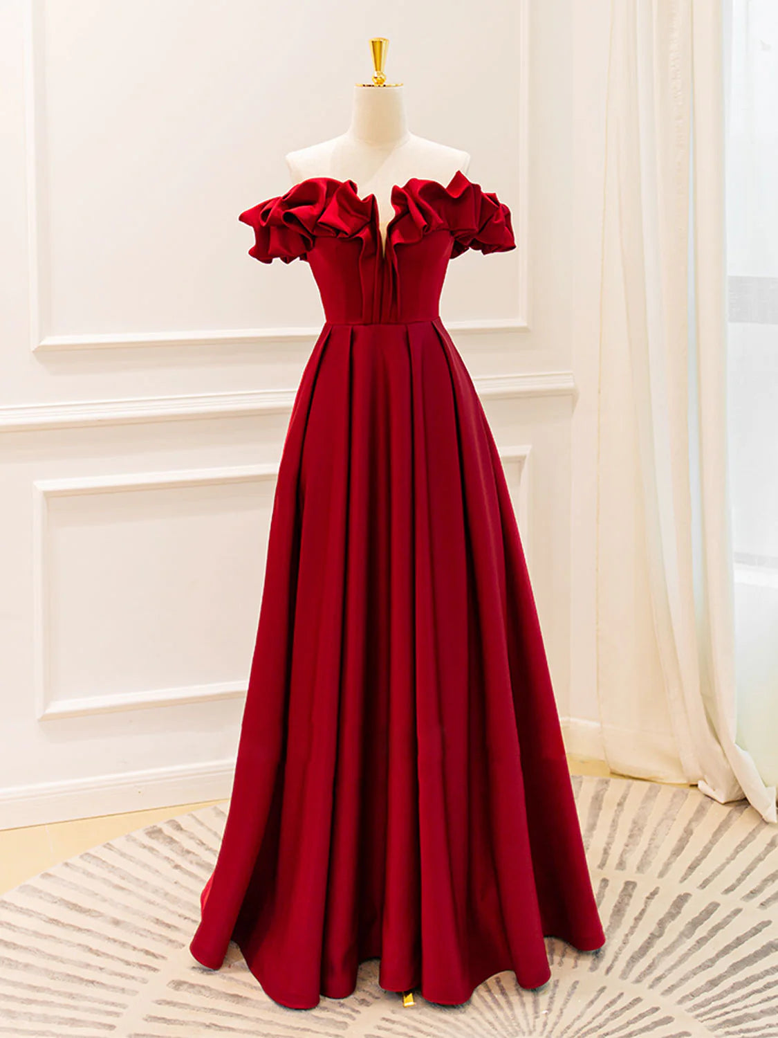 Wholesale A-Line Off Shoulder Satin Burgundy Long Prom Dress Burgundy Evening Dresses gowns evening dresses